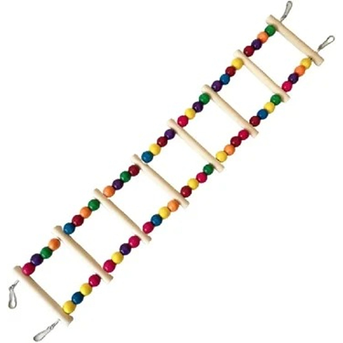 A wooden bird ladder toy with colorful wooden beads in red, orange, yellow, green, blue, and purple, shown on a plain white background.