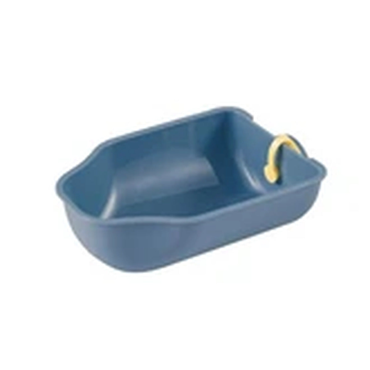A blue plastic tray or shallow dish with a small yellow loop handle on the right side, shown on a plain white background.