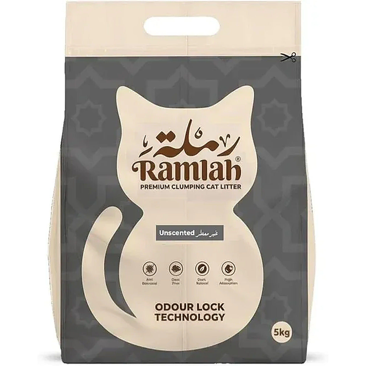 A 5kg bag of Ramlah Premium Clumping Cat Litter, Unscented, featuring a dark gray and beige design with a cat silhouette.