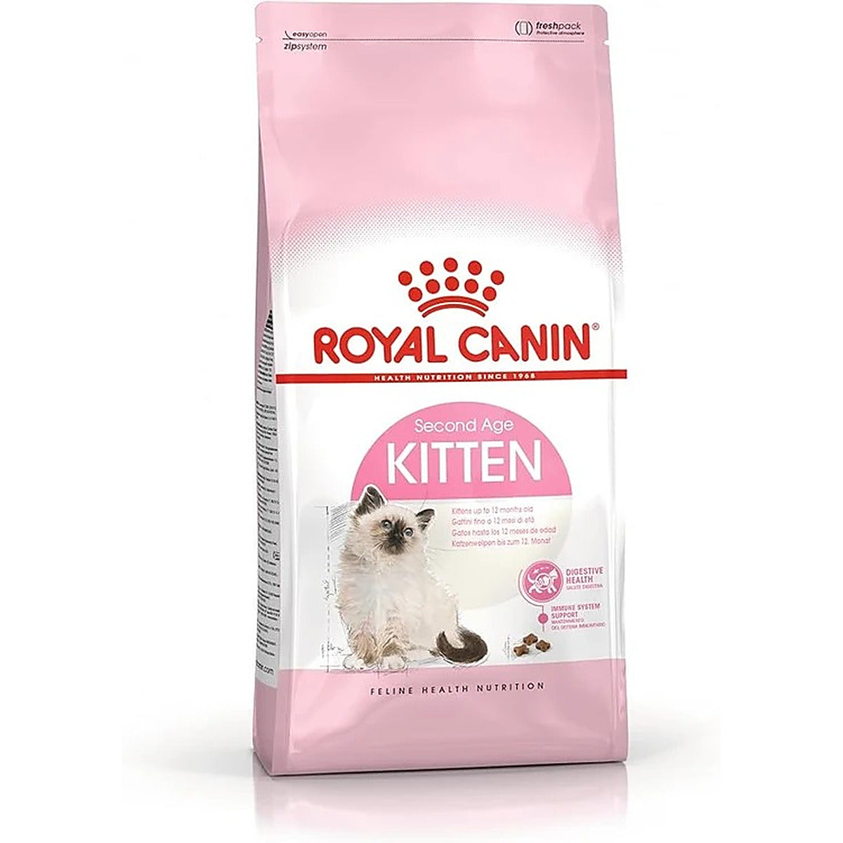 A bag of Royal Canin Kitten food, Second Age, in pink and white packaging with a photo of a kitten on the front, set against a plain white background.