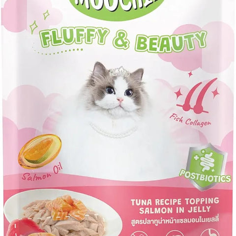 Moochie Fluffy & Beauty Tuna Topping Salmon in Jelly Cat Food - 70g