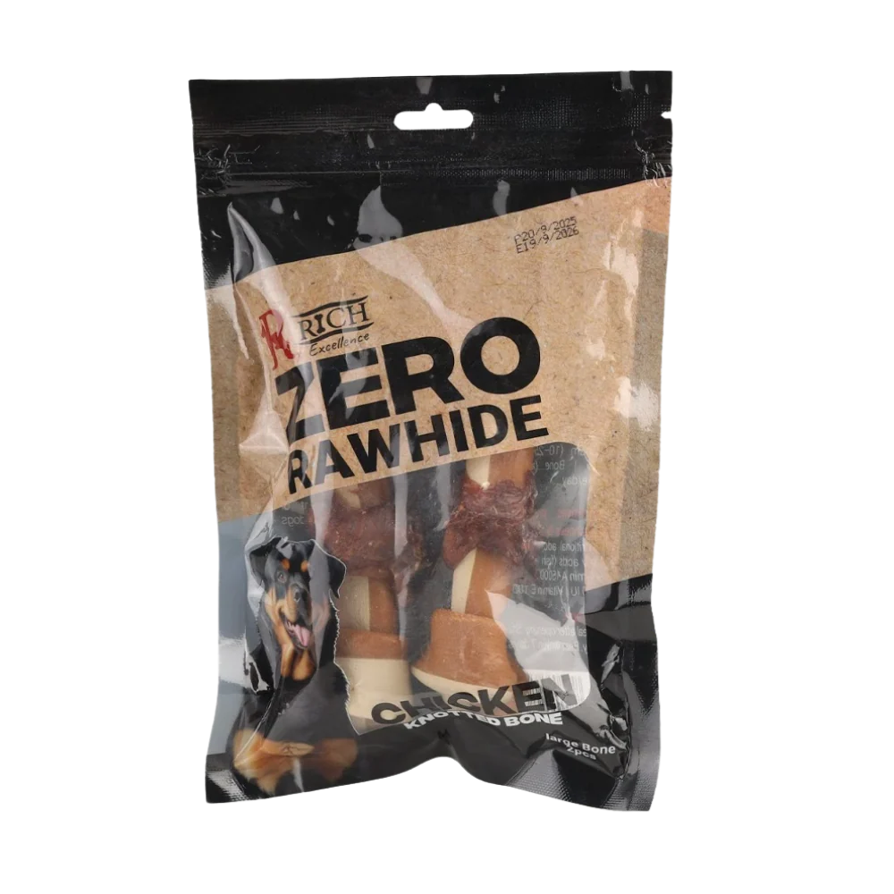 Rich Zero Rawhide Chicken Knotted Bone Large Bone with Wrapped Chicken 2pes