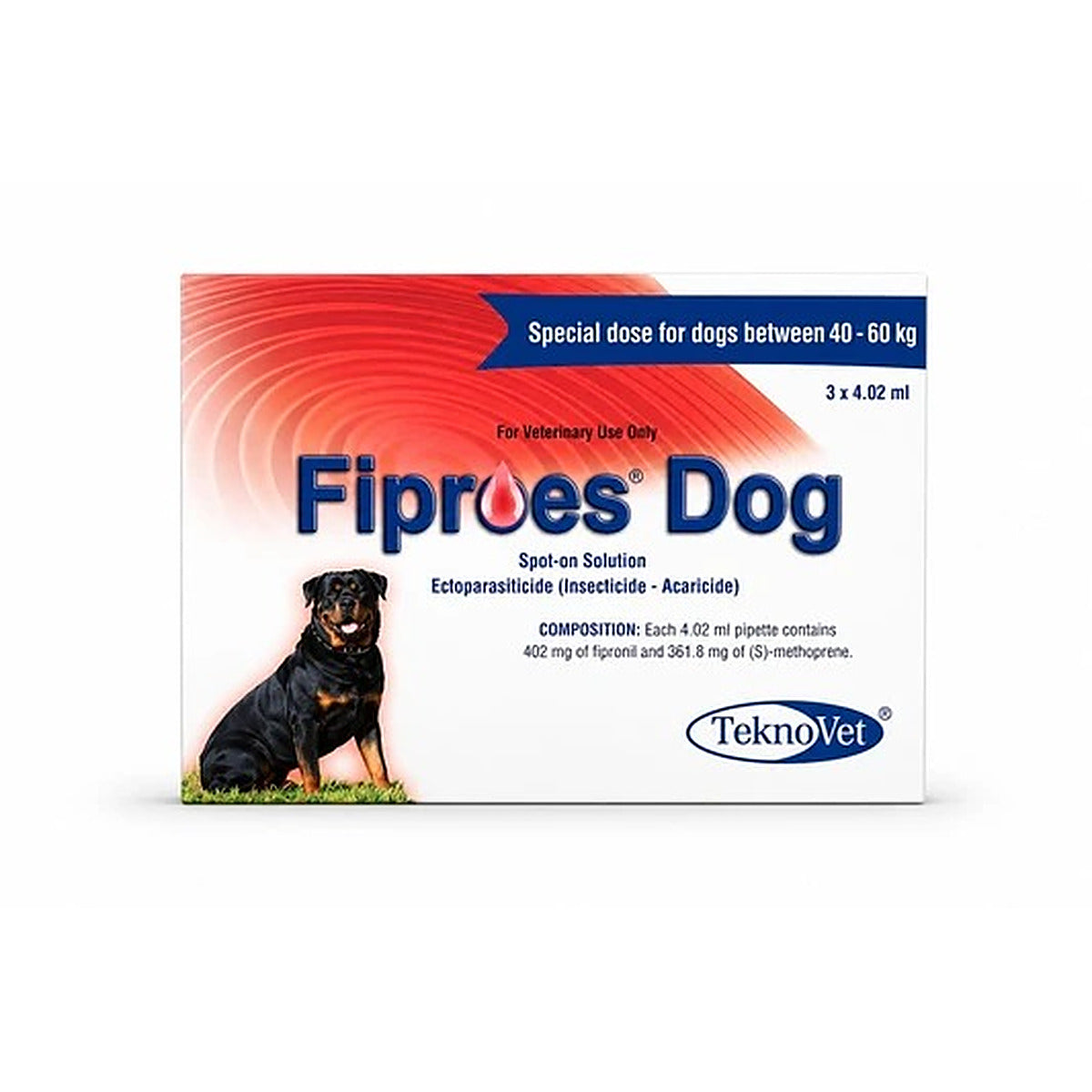 TeknoVet Fiproes Dog spot-on solution box for dogs between 40-60 kg, featuring a red and white design with a Rottweiler dog illustration.