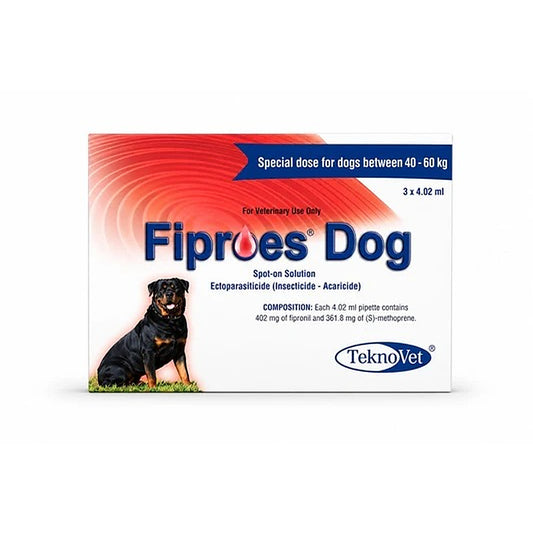 TeknoVet Fiproes Dog spot-on solution box for dogs between 40-60 kg, featuring a red and white design with a Rottweiler dog illustration.