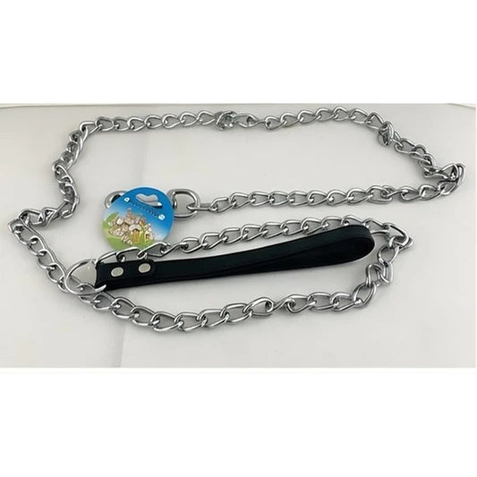A silver metal chain leash with a black leather handle and a round blue and green decorative tag, displayed on a white background.