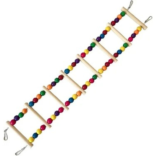 A wooden bird ladder toy with colorful wooden beads in red, orange, yellow, green, blue, and purple, shown on a plain white background.