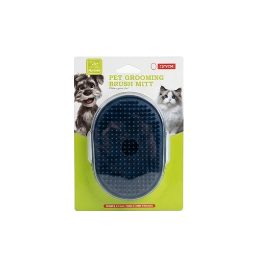 A packaged pet grooming brush mitt on a white background. The product is a dark blue oval-shaped brush with soft bristles, shown inside its retail blister pack with a lime green and white backing card featuring a dog and a cat.