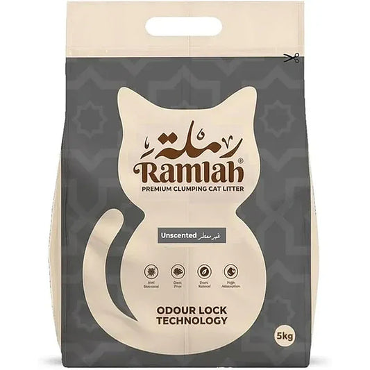 A 5kg bag of Ramlah Premium Clumping Cat Litter, Unscented, featuring a dark gray and beige design with a cat silhouette.