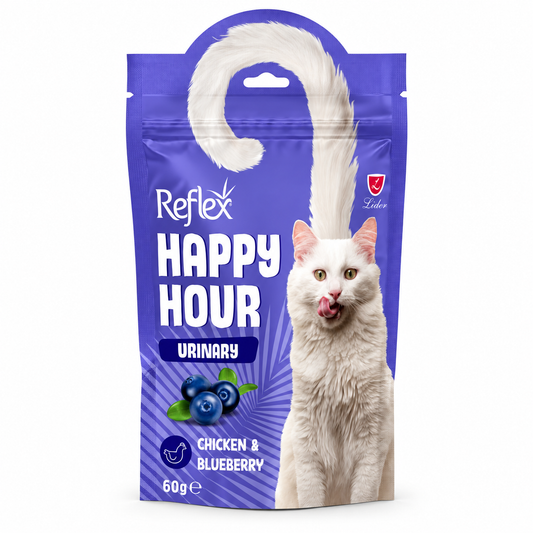 A 60g bag of Reflex Happy Hour Urinary cat litter in Chicken & Blueberry flavor. The packaging is primarily purple with a large white cat graphic on the right side, blueberry illustrations, and a hanging tab at the top.