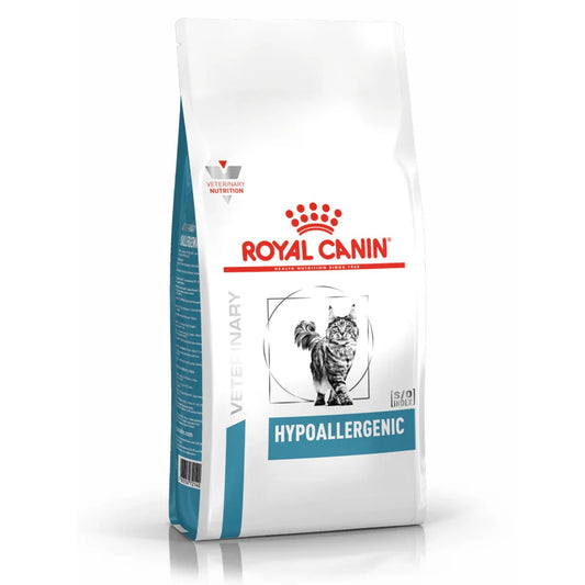 Royal Canin Veterinary Diet Hypoallergenic cat food package on a white background