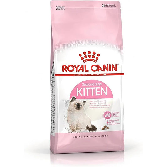 A bag of Royal Canin Kitten food, Second Age, in pink and white packaging with a photo of a kitten on the front, set against a plain white background.
