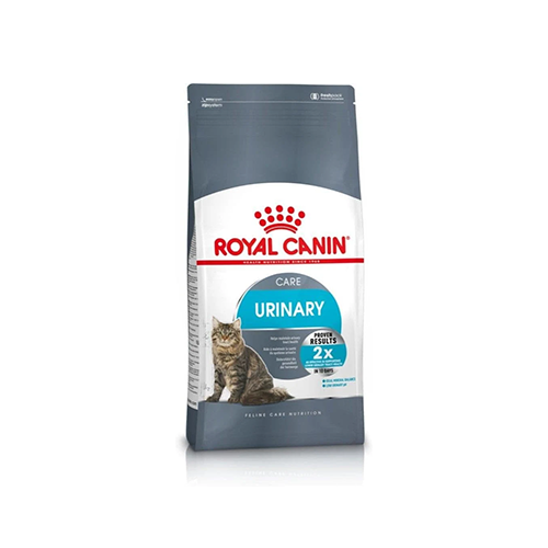 A bag of Royal Canin Care Urinary cat food, featuring a gray and white package with a blue circular accent, a red brand logo, and an image of a tabby cat on the front.