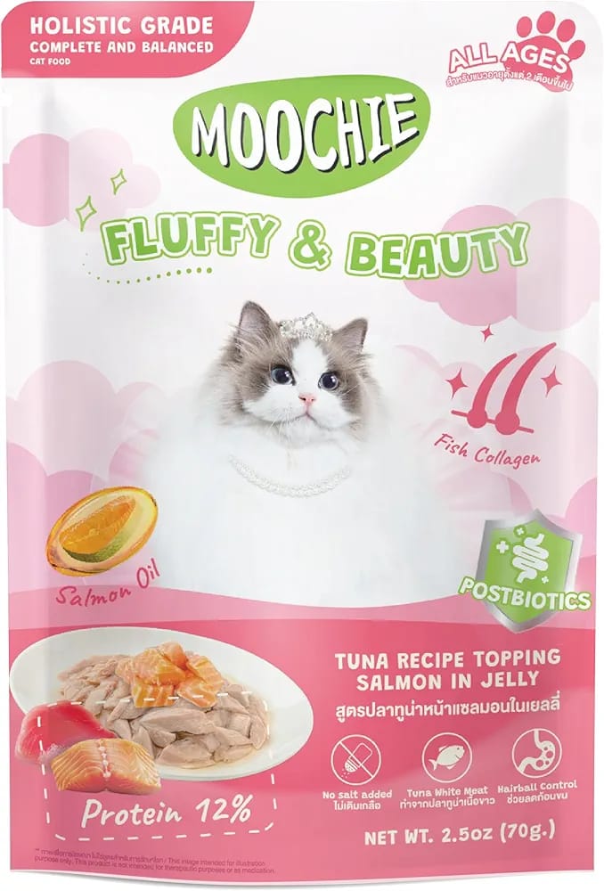 Moochie Fluffy & Beauty Tuna Topping Salmon in Jelly Cat Food - 70g